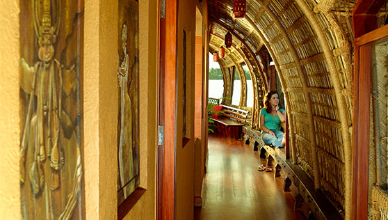 Corridor and seating in the houseboat Kerala India